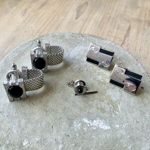 Elegant Silver and Black Cuff Links and Tie Tac Bundle